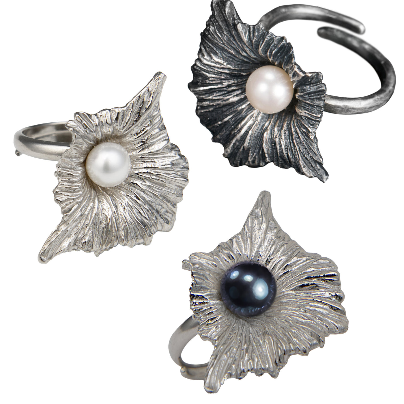 top to bottom: White Pearl & Oxidized silver, White Pearl & Bright Silver, Black Pearl & Bright Silver