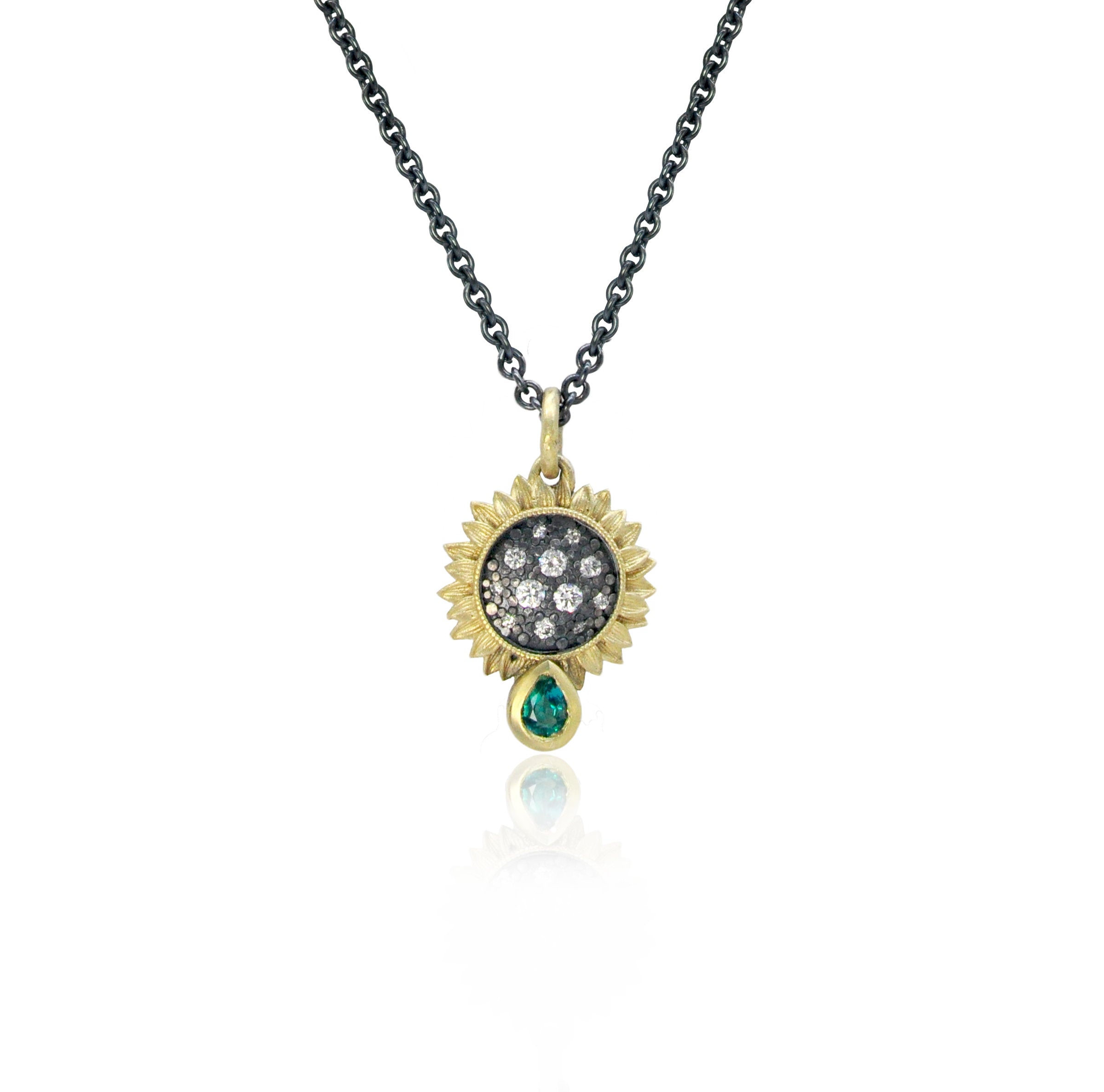 Small Pave Diamond Sunflower and Emerald Teardrop Necklace