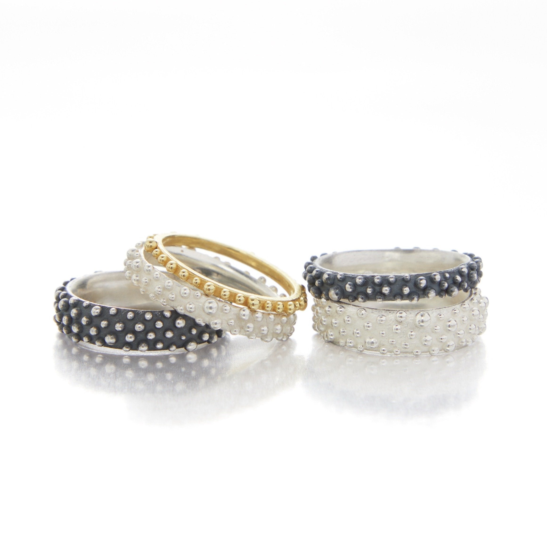 Small 18k Gold, Medium Bright Silver, Medium Oxidized Silver, Large Bright Silver, and Large Oxidized Silver