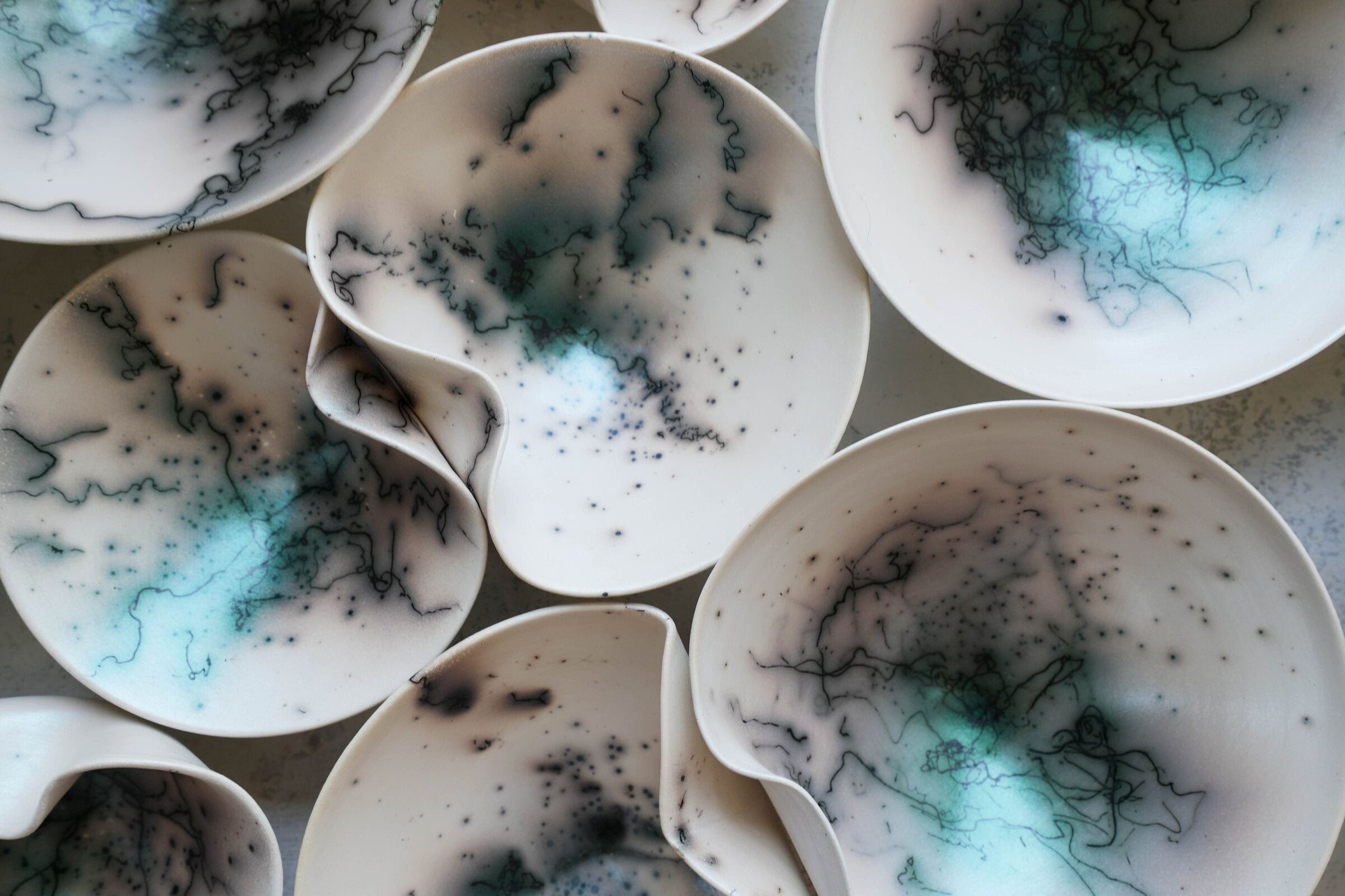 Raku Wall Sculpture Set with Green Luster, 16 Piece
