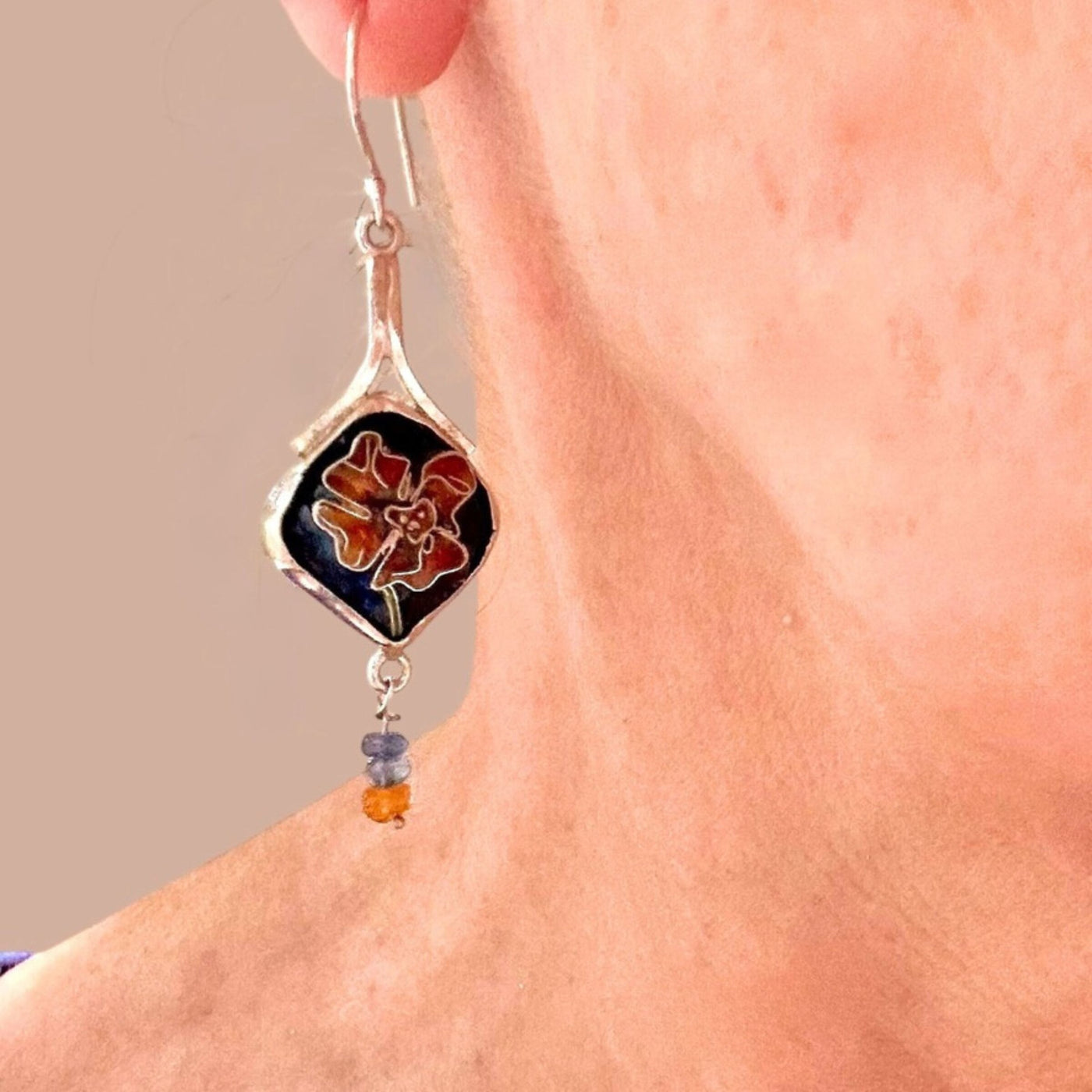 Asymmetrical Cloisonne Poppy Earrings