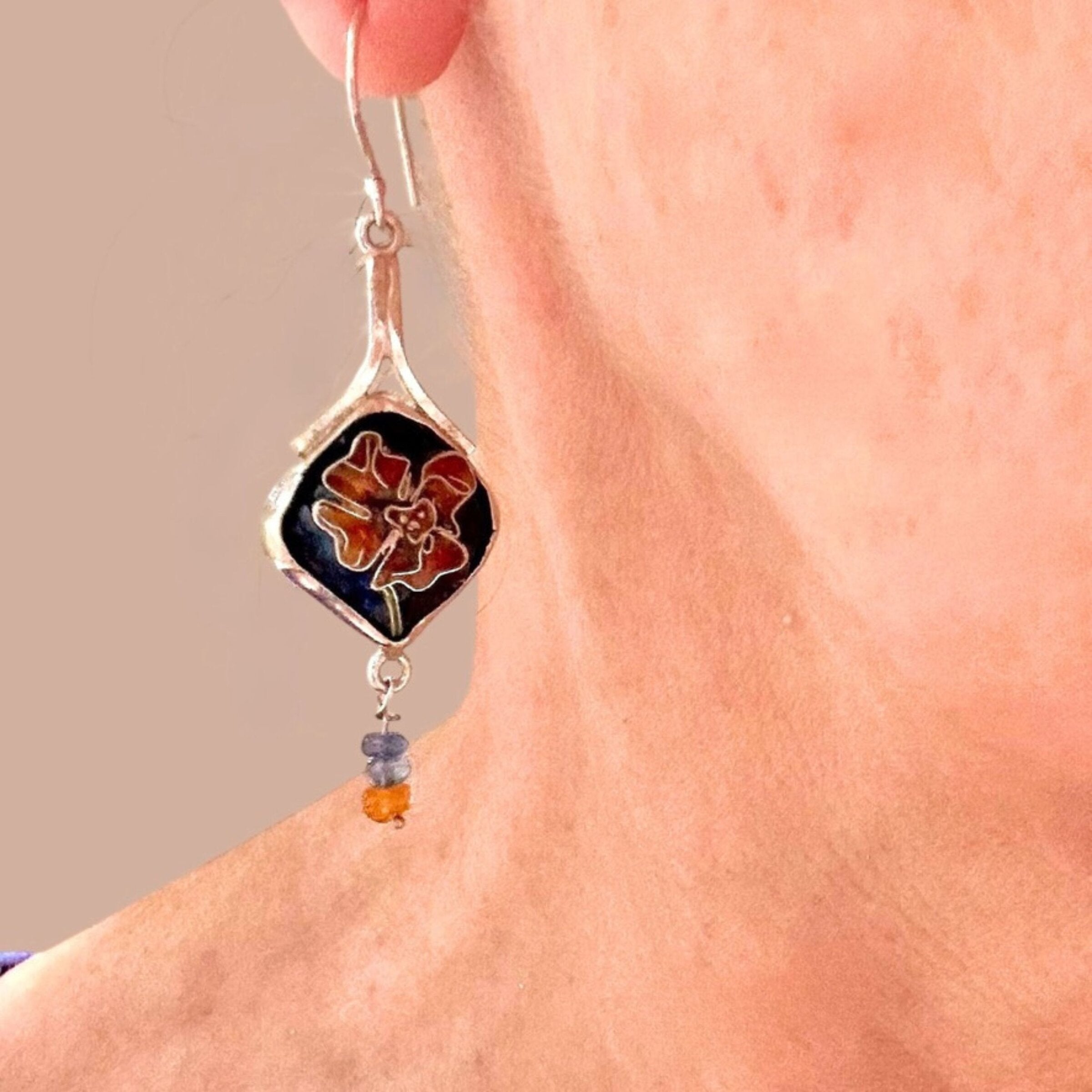 Asymmetrical Cloisonne Poppy Earrings