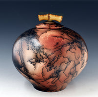 Horsehair Raku Urn with Bamboo Handle