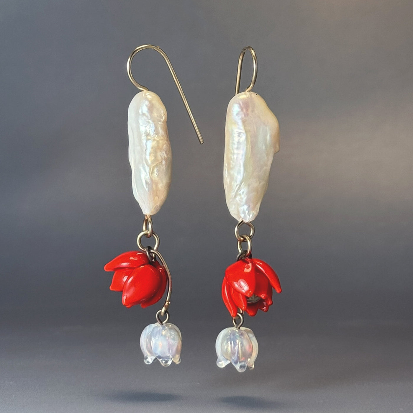 Red Blooms with Pearl Earrings
