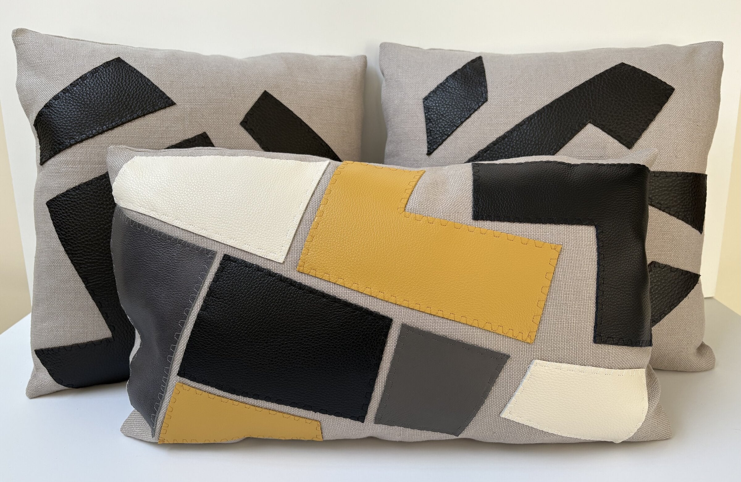 Leather Mosaic Applique Long Lumbar Pillow