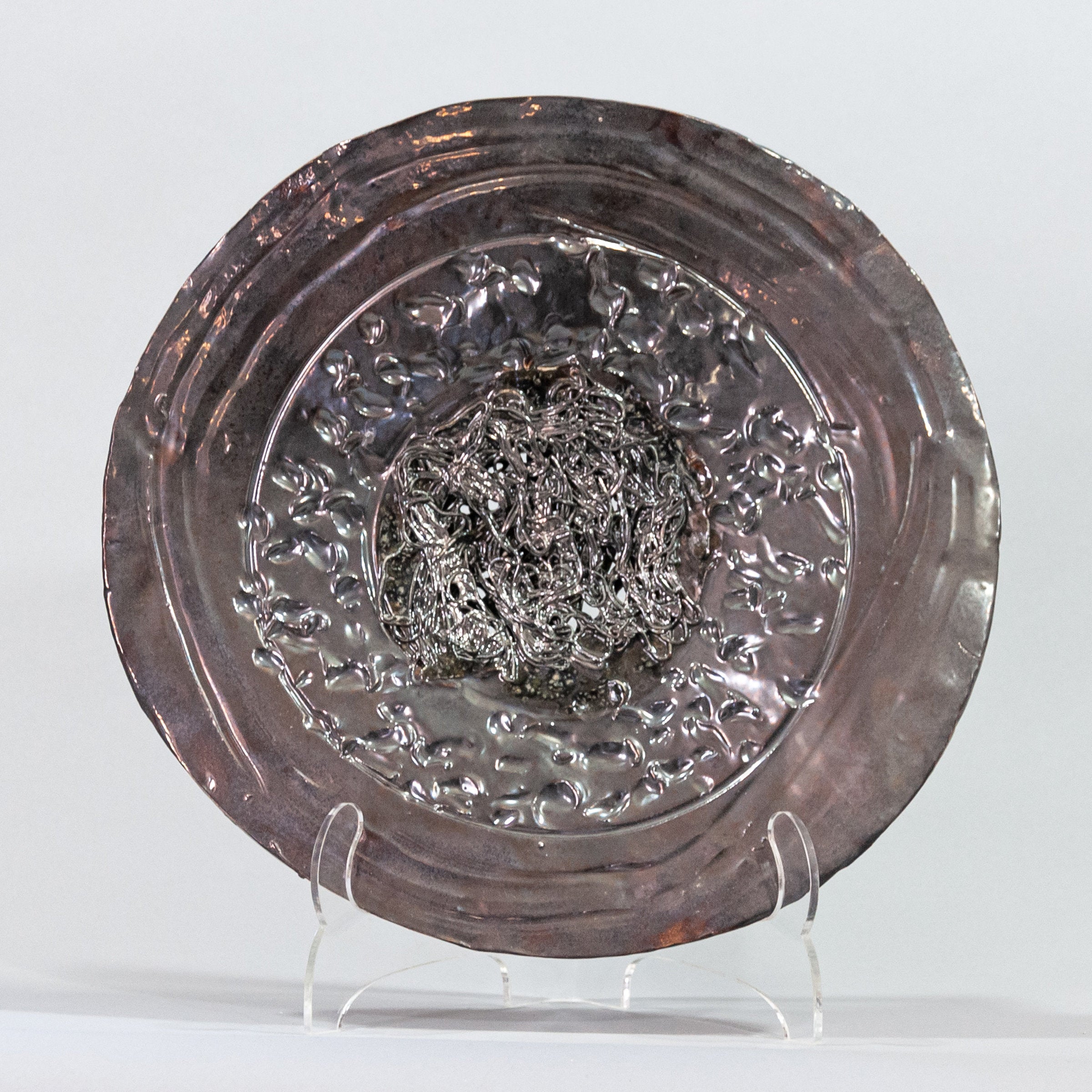 Bronze Platter with Antique Filigree Threads in Center