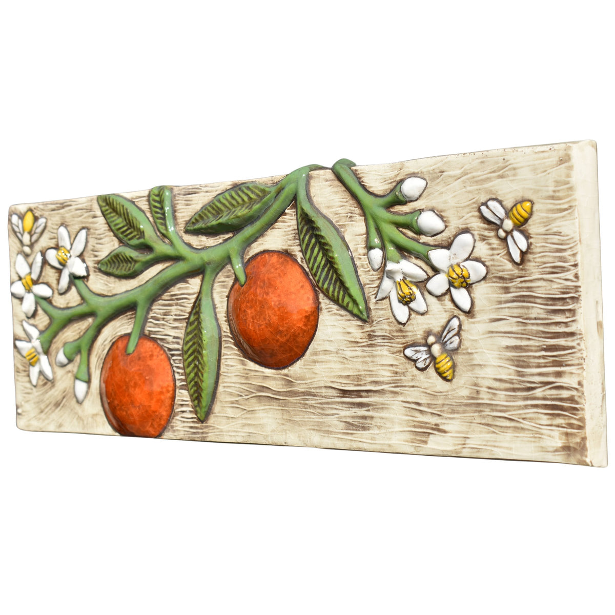Oranges, Blossoms, and Bees Ceramic Wall Tile in Eggshell