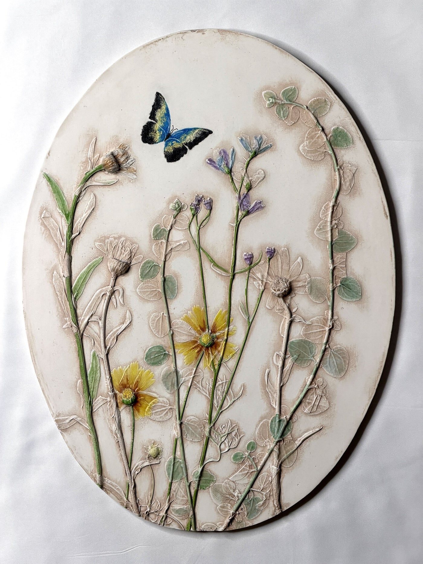 Blue Butterfly & Summer Flowers Oval Tile