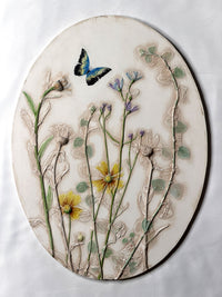 Blue Butterfly & Summer Flowers Oval Tile