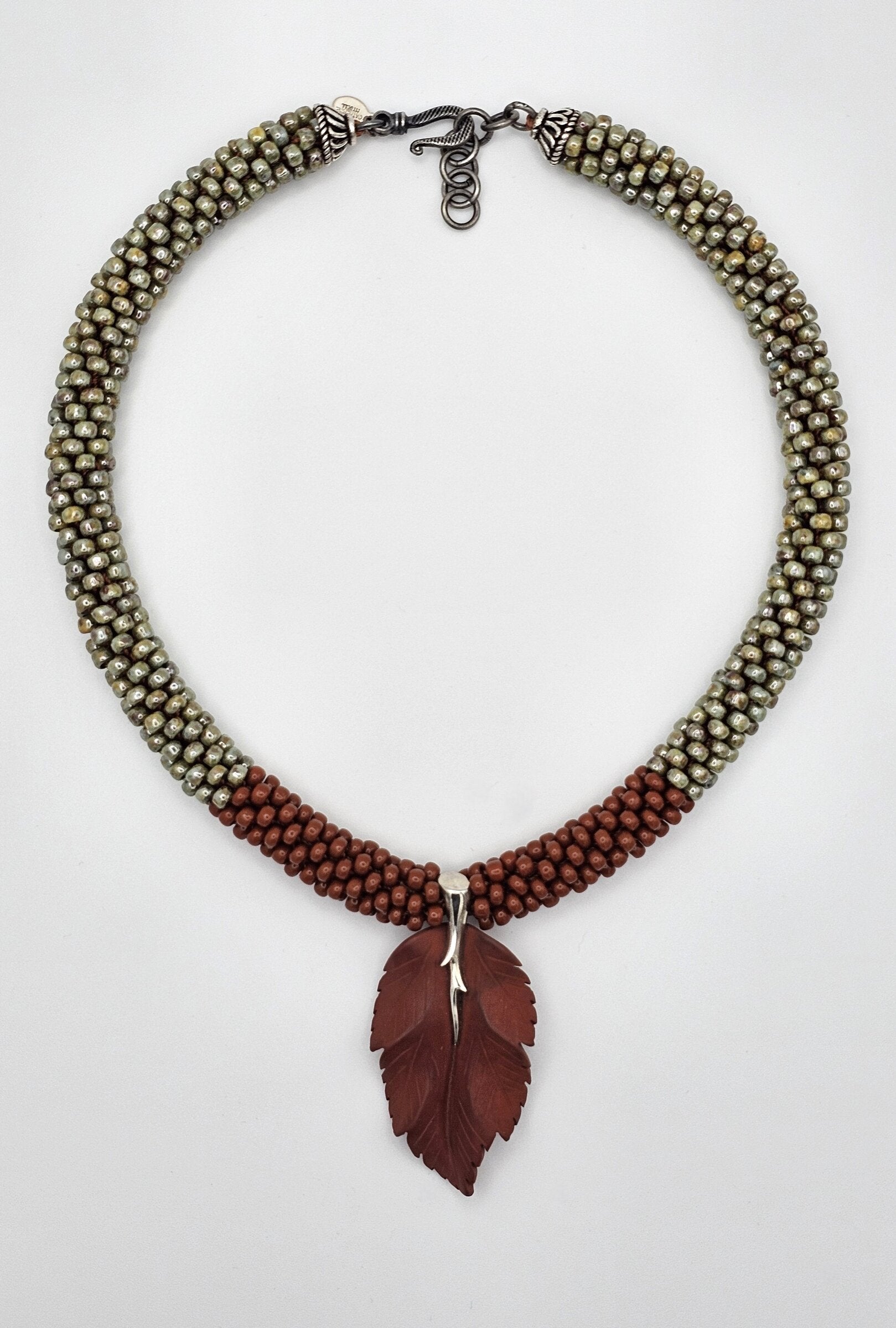 Brick, Olive & Red Jasper Leaf Pendant