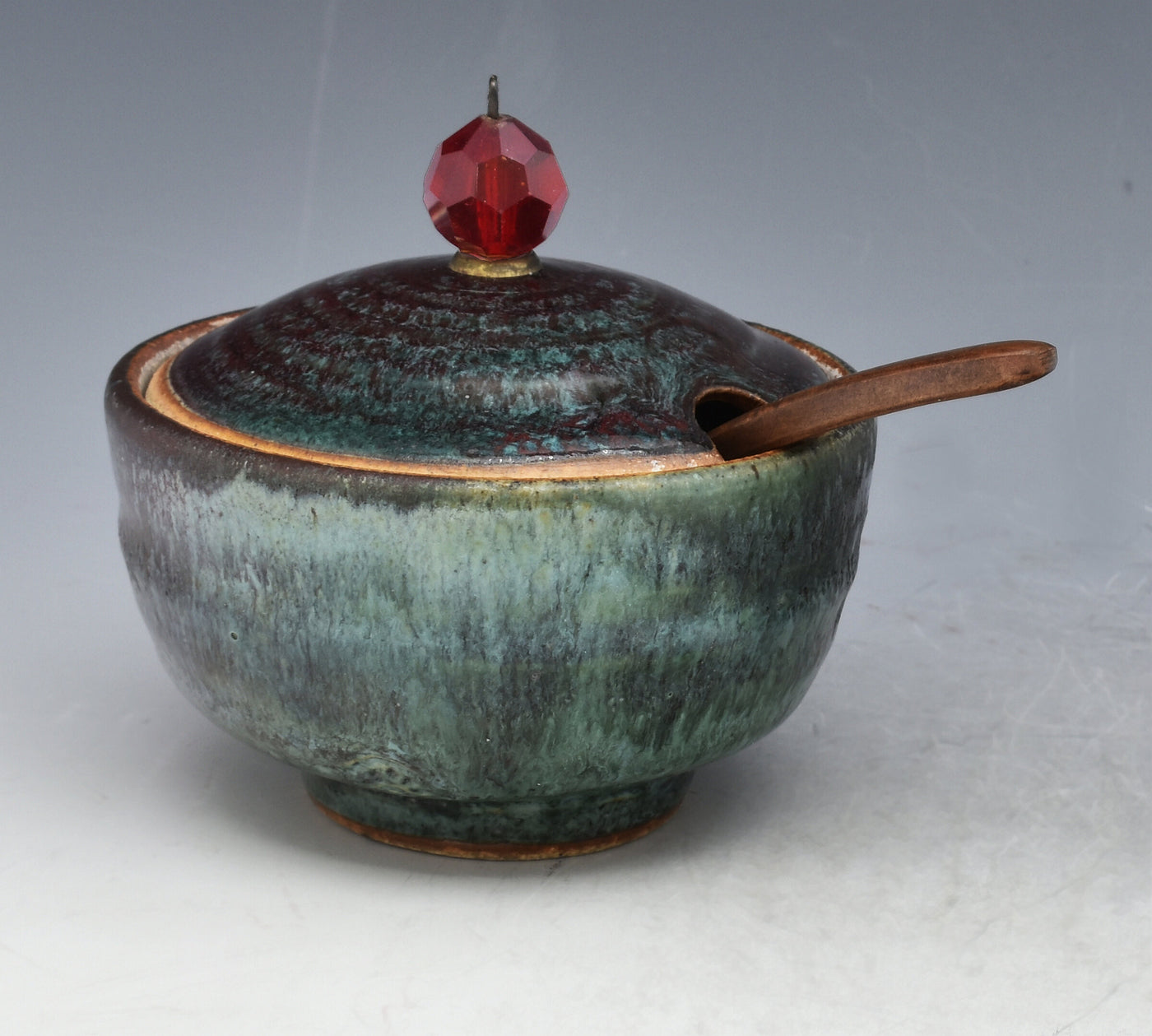 Red and Green Stoneware Sugar Bowl