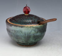 Red and Green Stoneware Sugar Bowl
