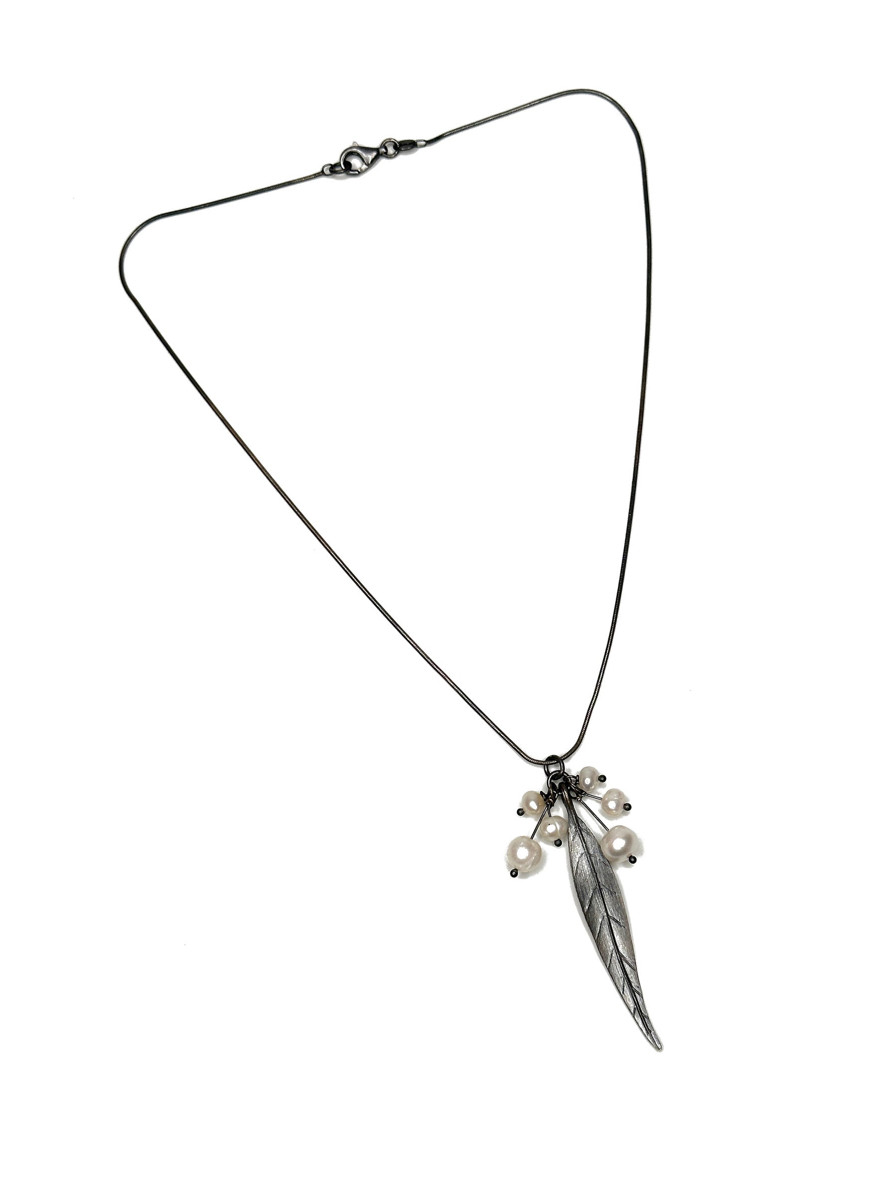 Oxidized Feather Pendant Necklace with White Pearls