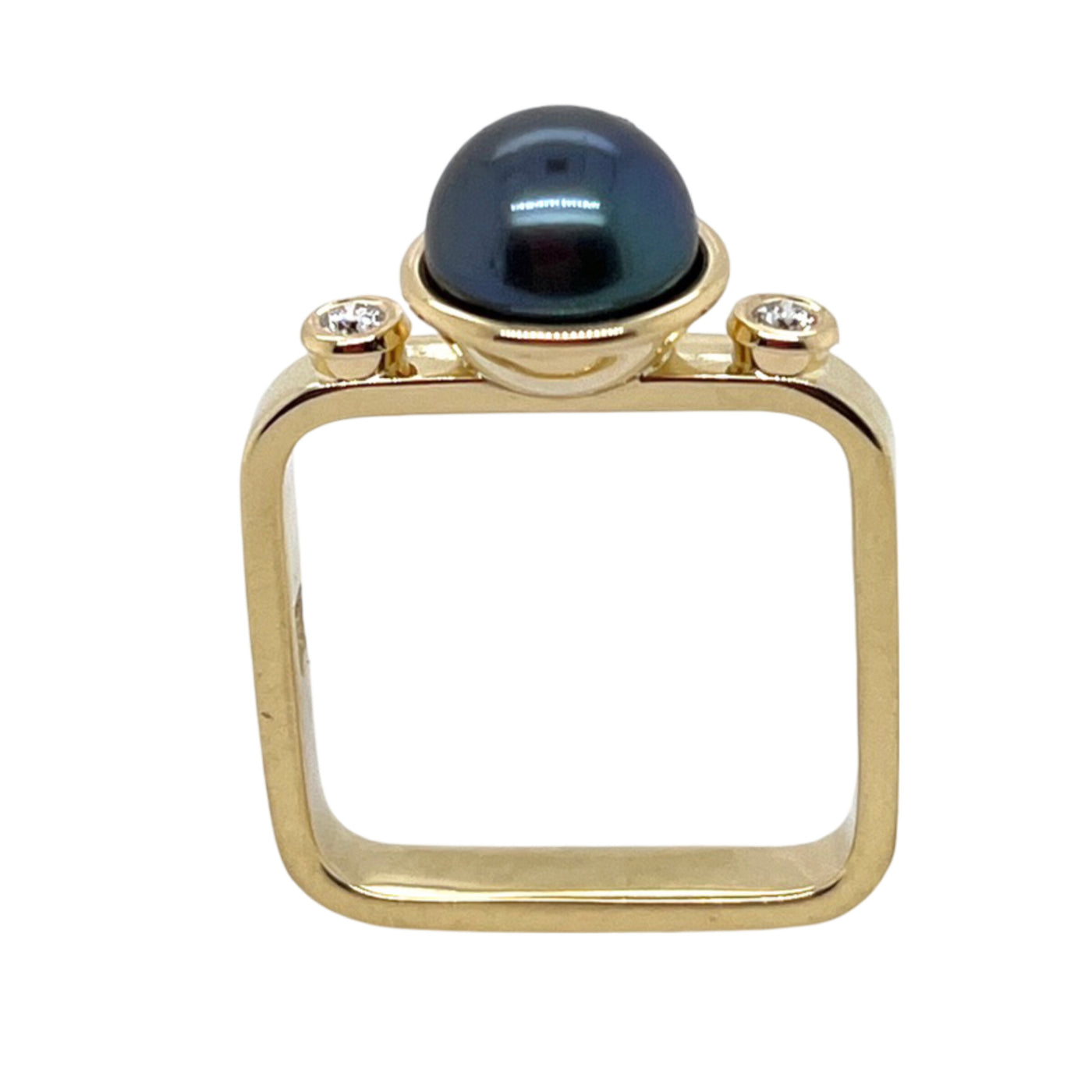 Black Pearl & Diamond Square Ring