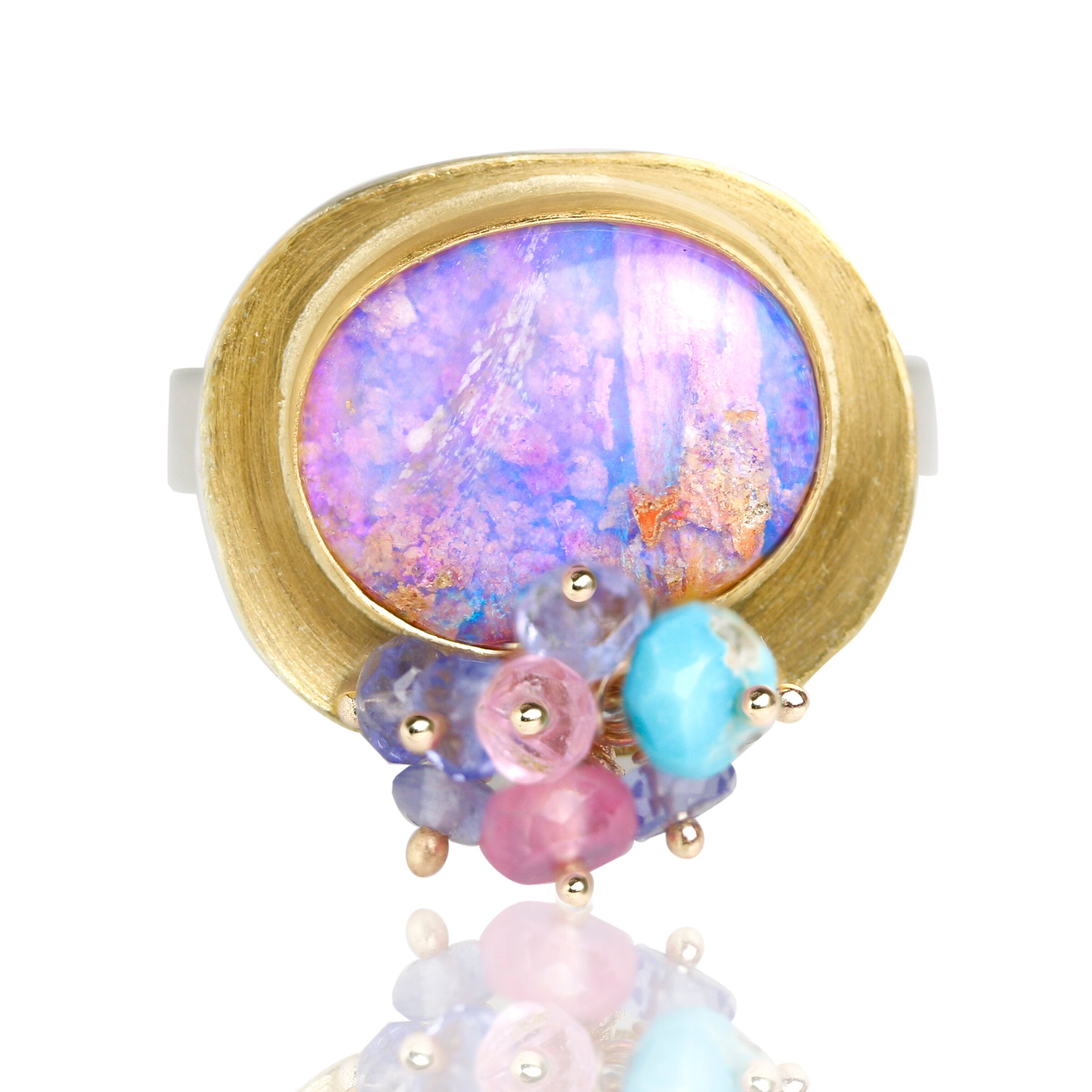 Lilac Crystal Boulder Opal Ring with Multi Cluster