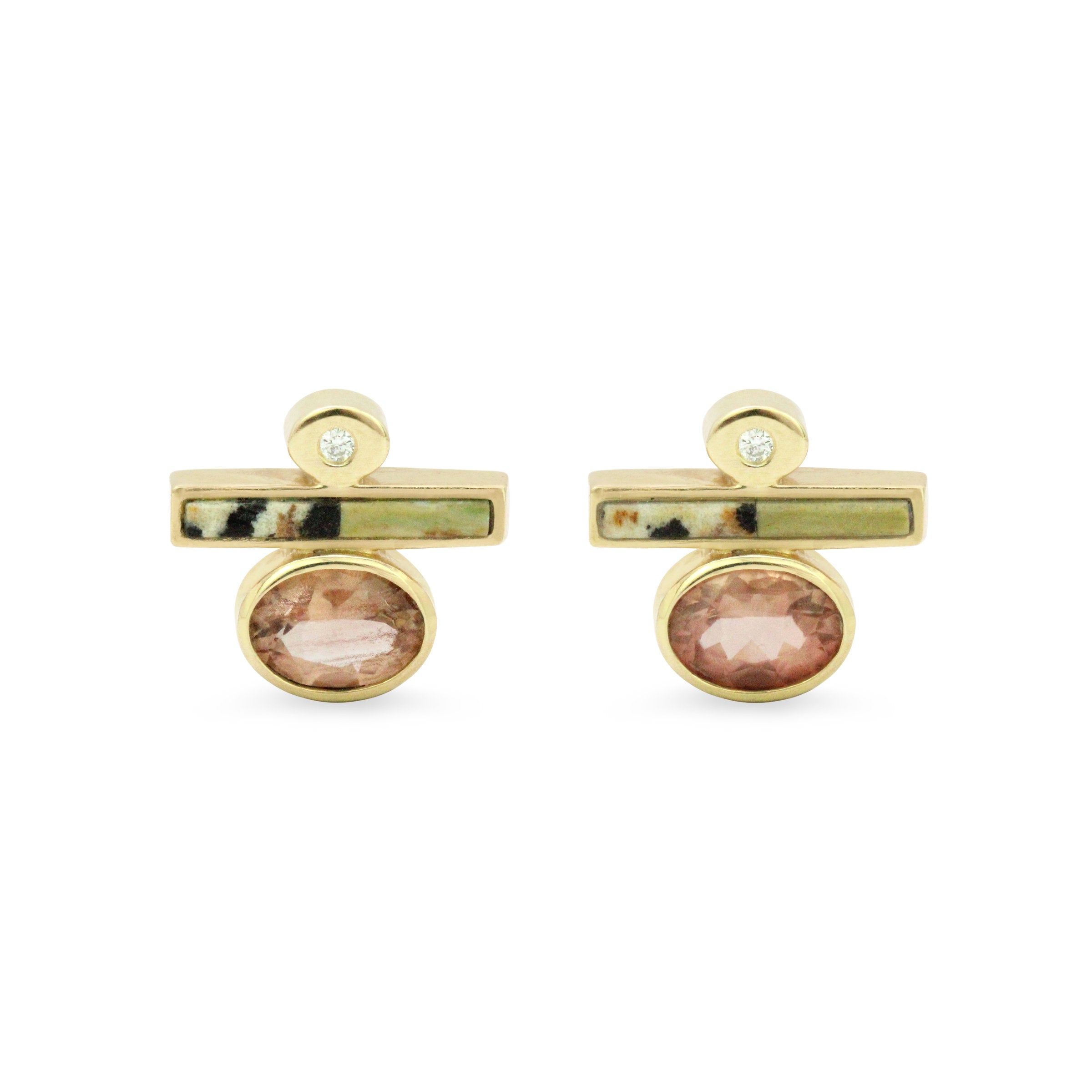 Elera Earrings with Dalmatian & Larsonite Jasper, Recycled Diamond & Oregon Sunstone