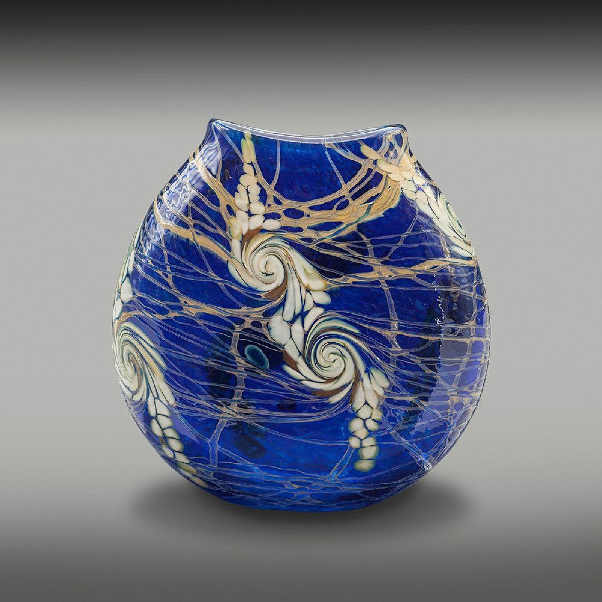 Cobalt and Tan Swirl Flat Vase