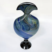 Blue Marbled Flattened Vase with Black Foot