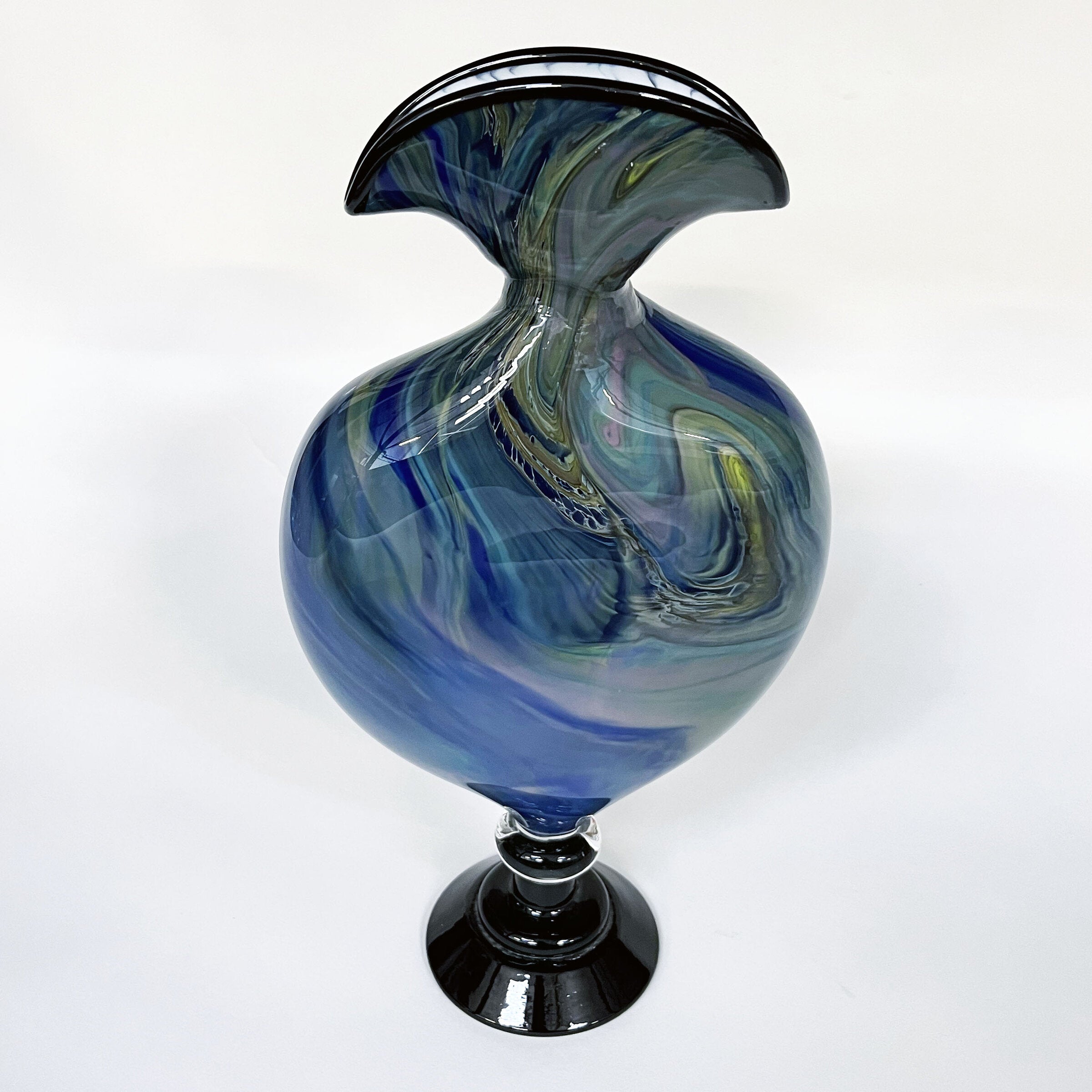 Blue Marbled Flattened Vase with Black Foot