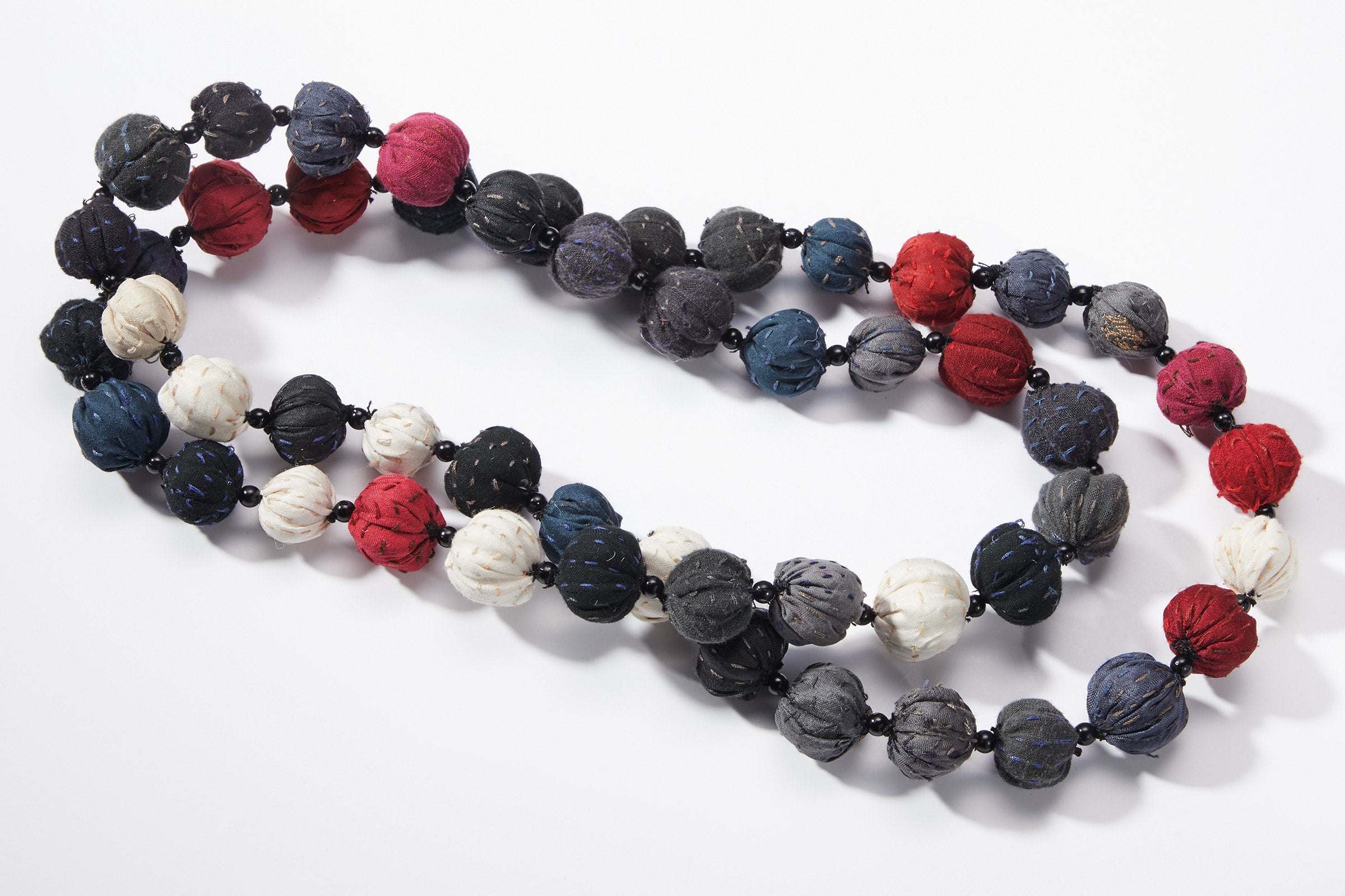 Long Vintage Kantha Necklace in Black and Red