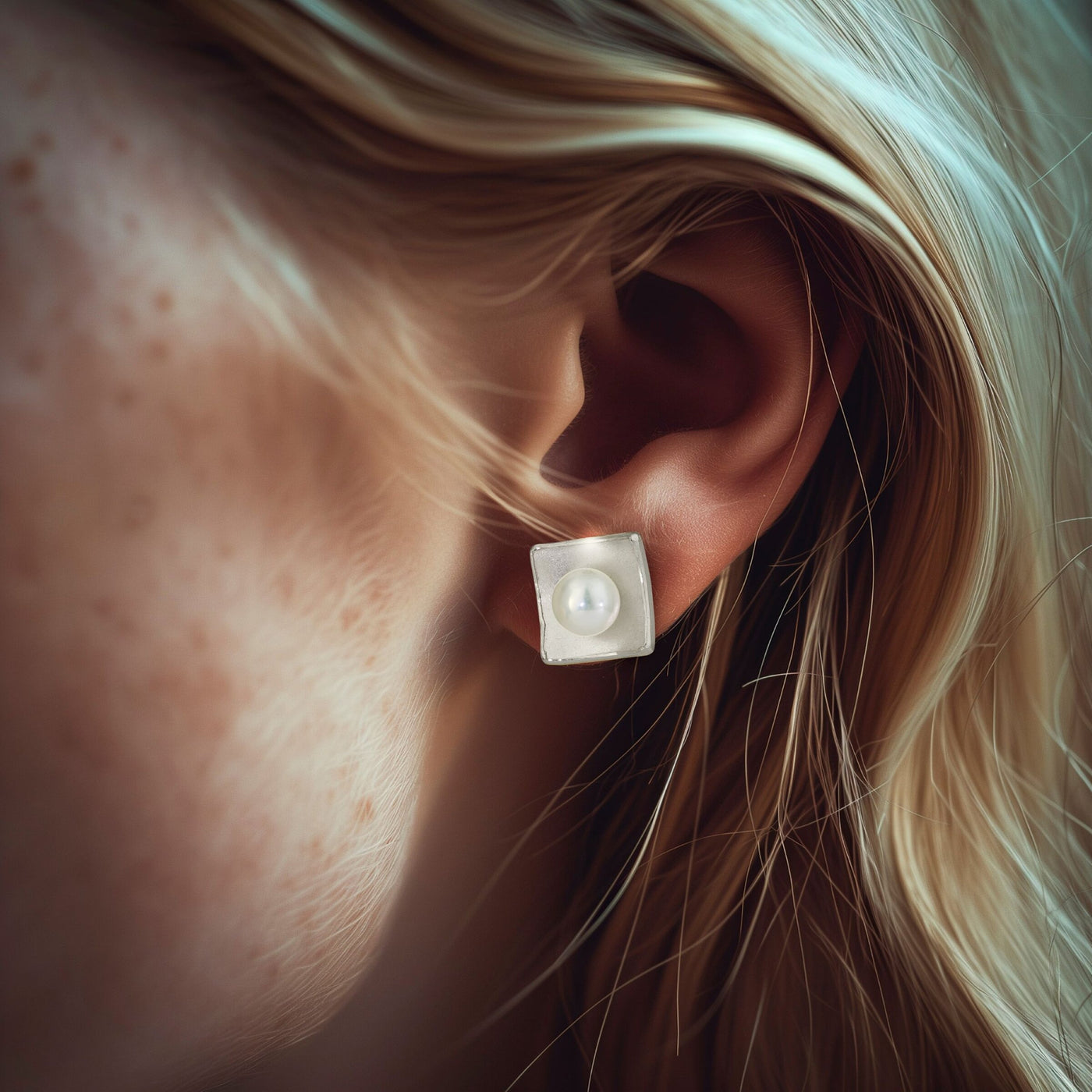 Silver Square Pearl Earrings