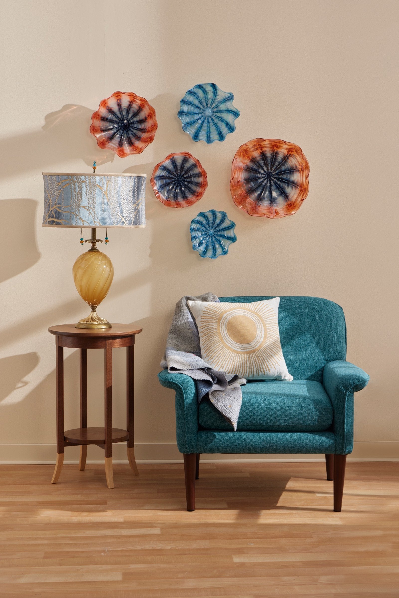 Set of 5, clockwise from top left: Medium Navy & Aperol,  Medium Aqua & White, Large Navy & Aperol, Small Aqua & White, Small Navy & Aperol