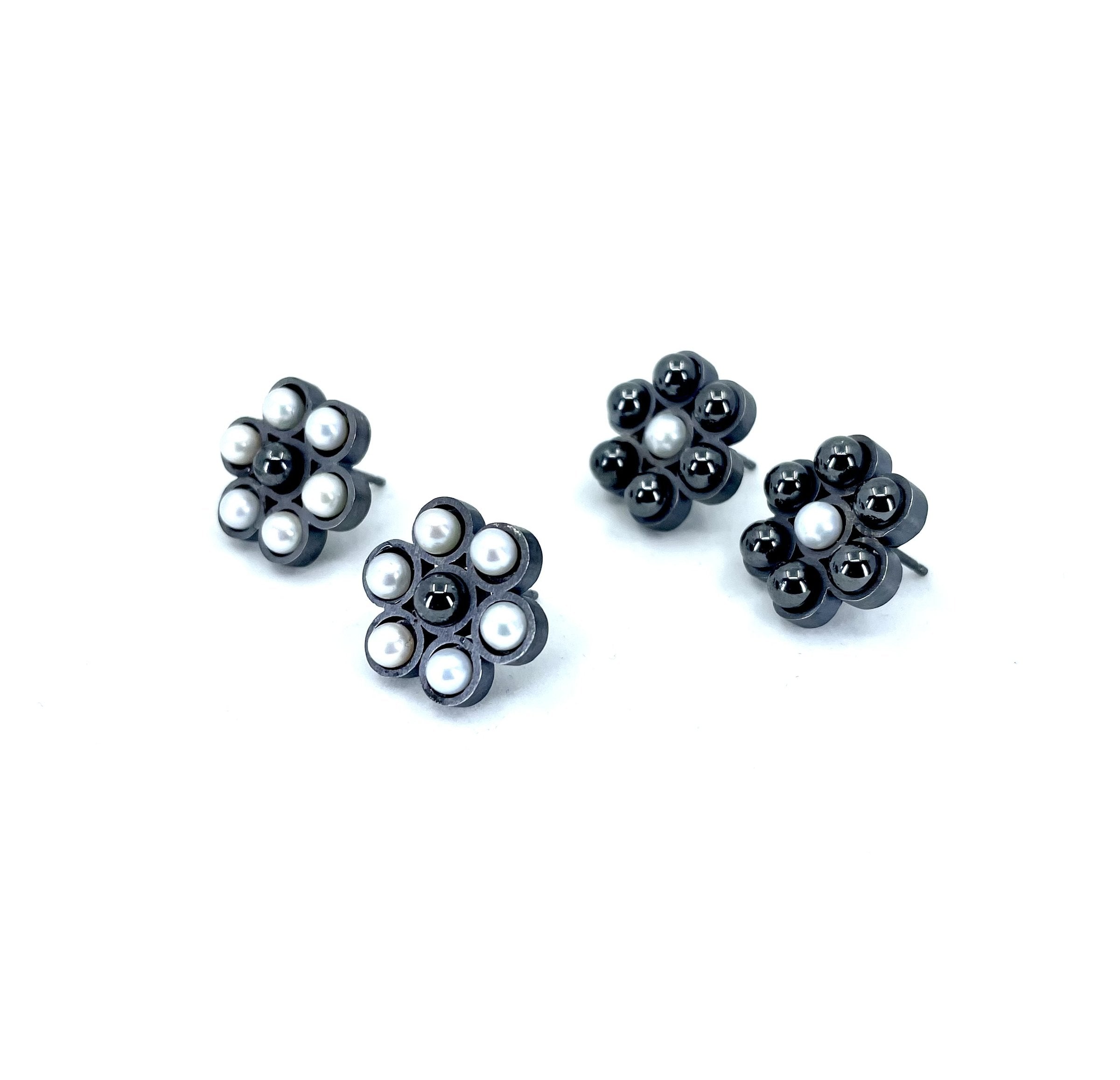 Pearl and Hematite Flower Post Earrings