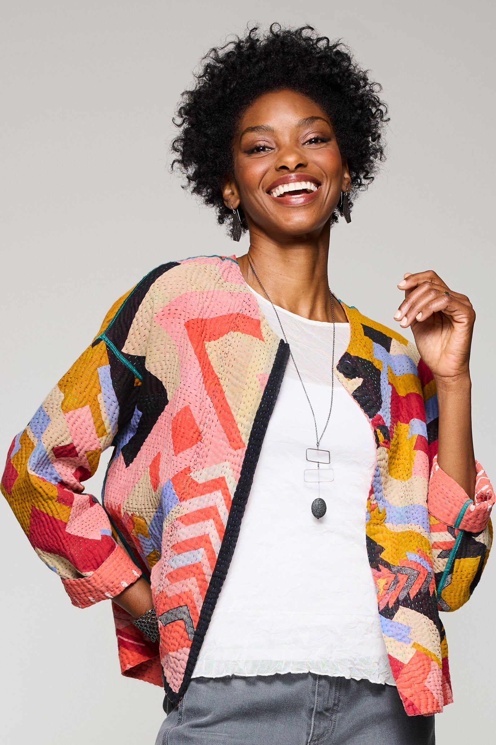 Vintage Cotton Kantha Crew Neck Short Jacket