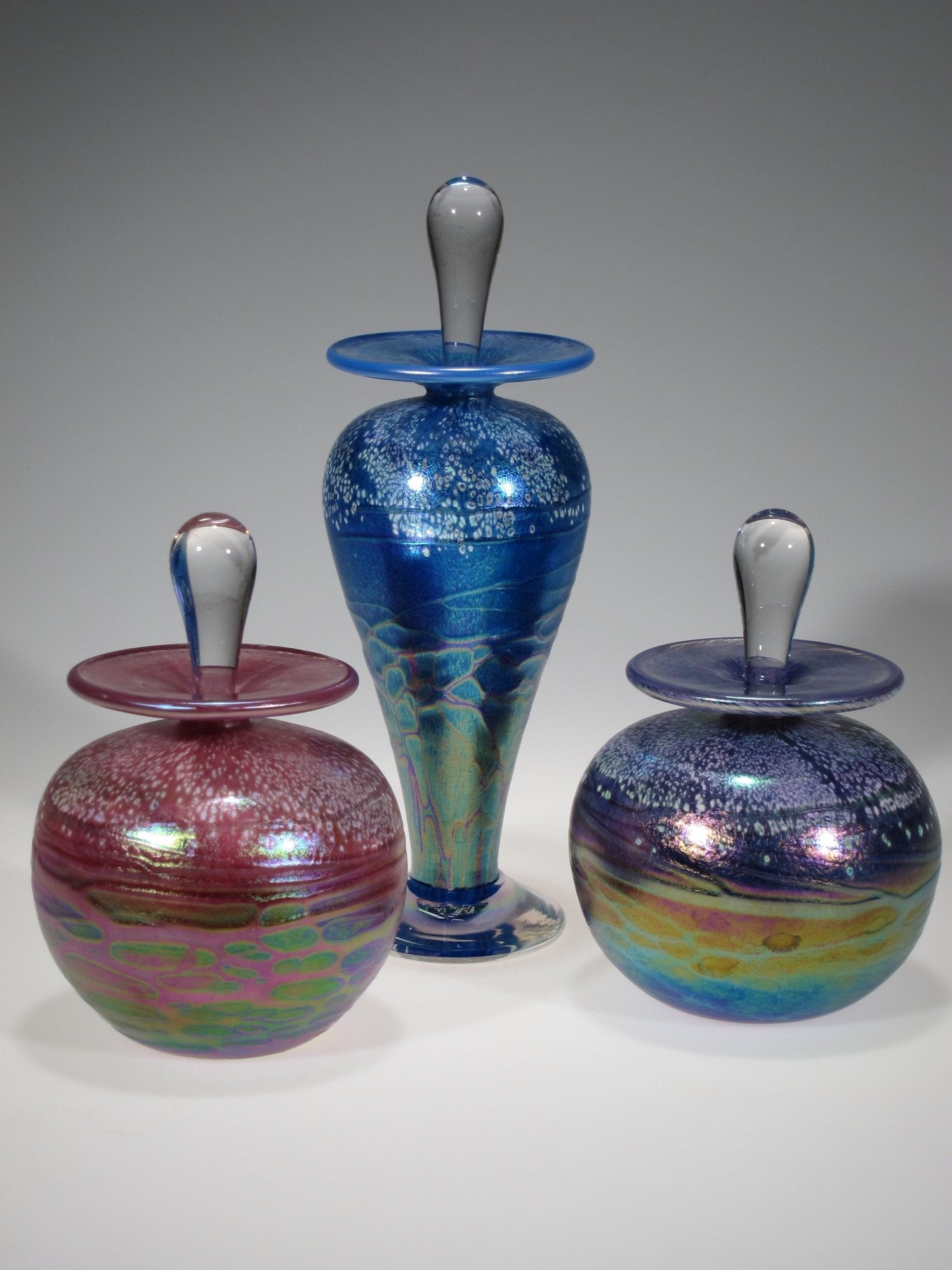 from left: pink, blue, purple