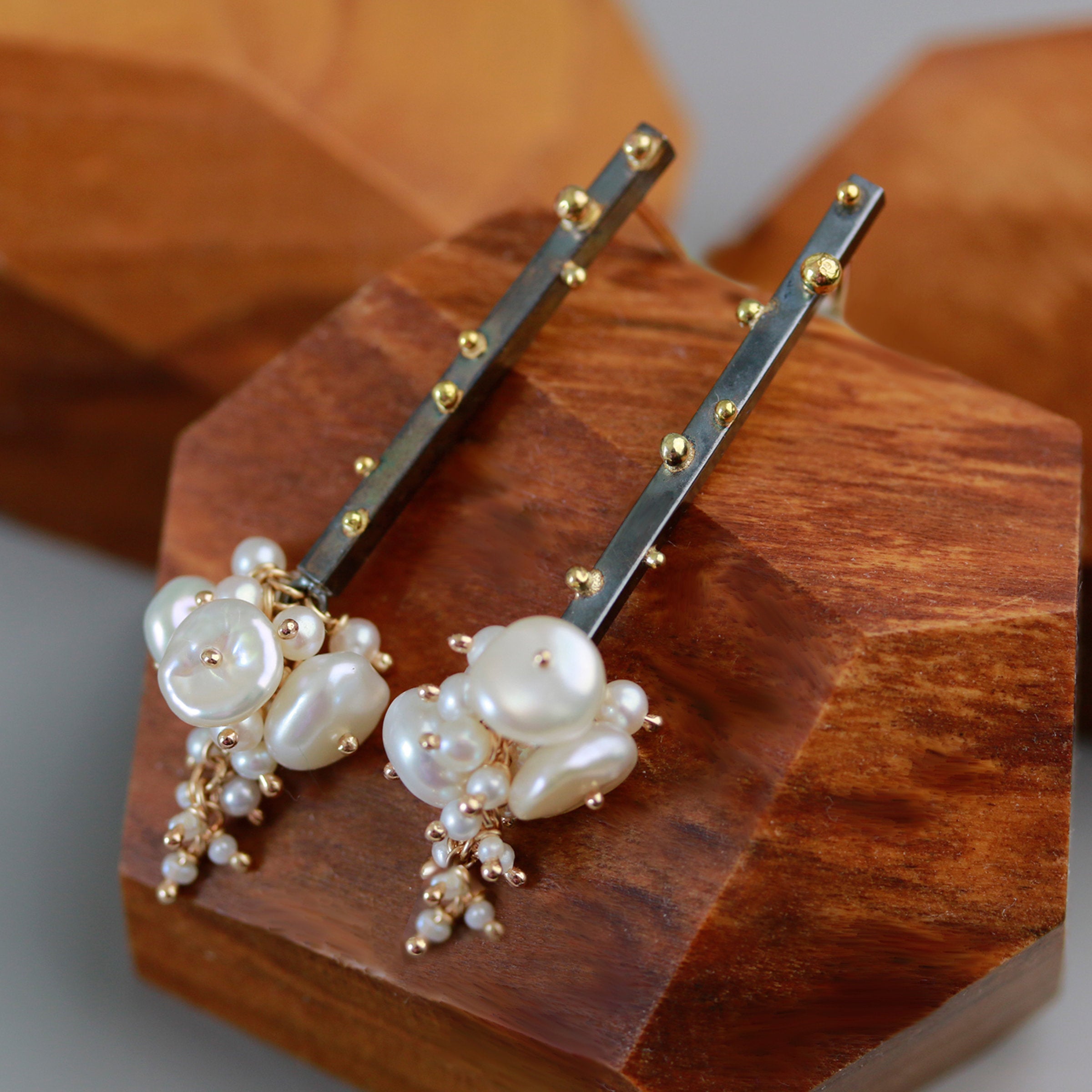 Pearl Gold-Dotted Stick Earrings