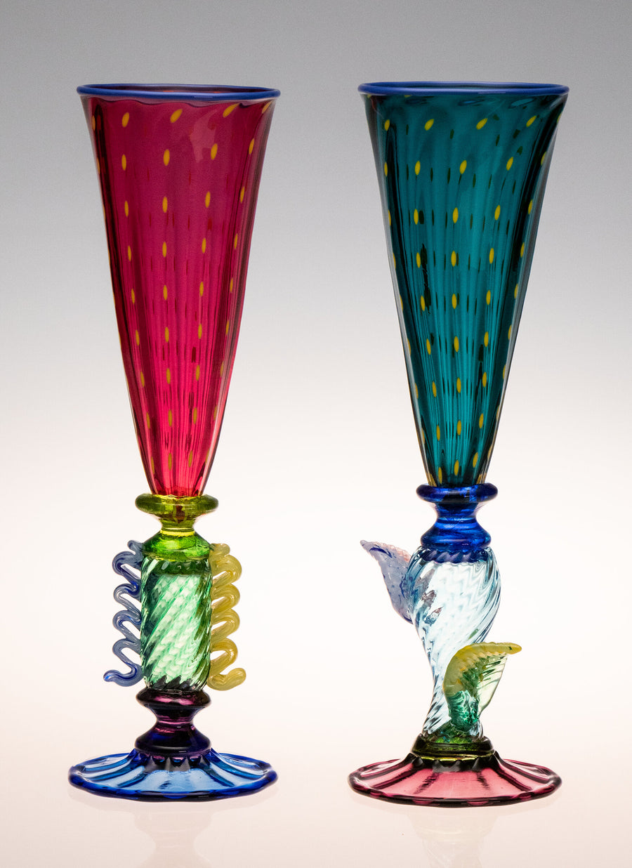 Tutti Frutti Champagne Flutes Pair in Ruby & Lagoon