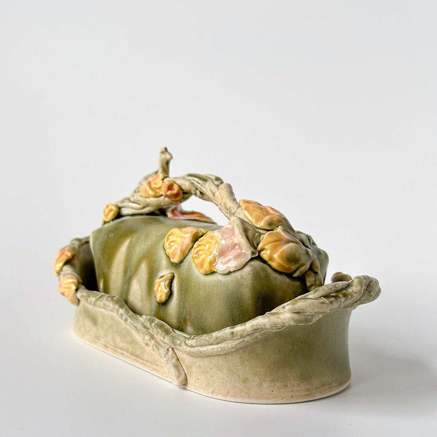 Peacock and Roses Butter Dish in Sage and Dusty Pink