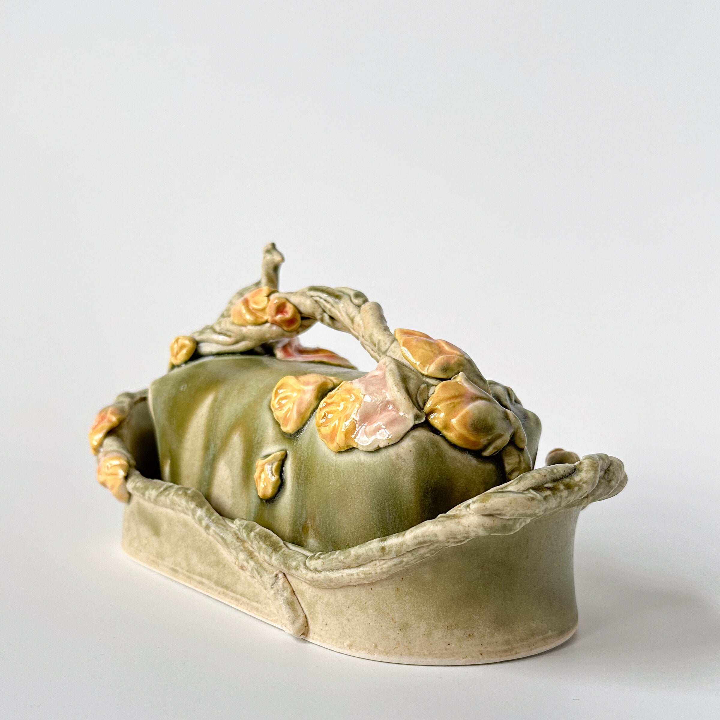Peacock and Roses Butter Dish in Sage and Dusty Pink