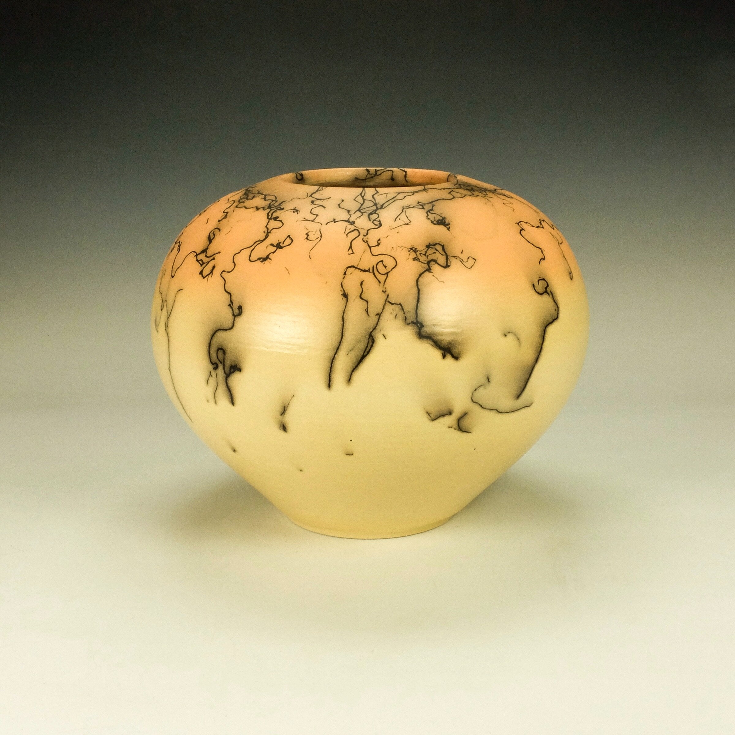 Large Mustard Yellow and Orange Horsehair Raku Pottery