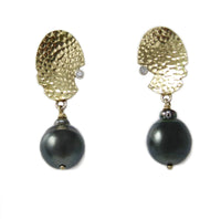 Hammered Gold, Diamond, and Tahitian Pearl Dangle Earrings