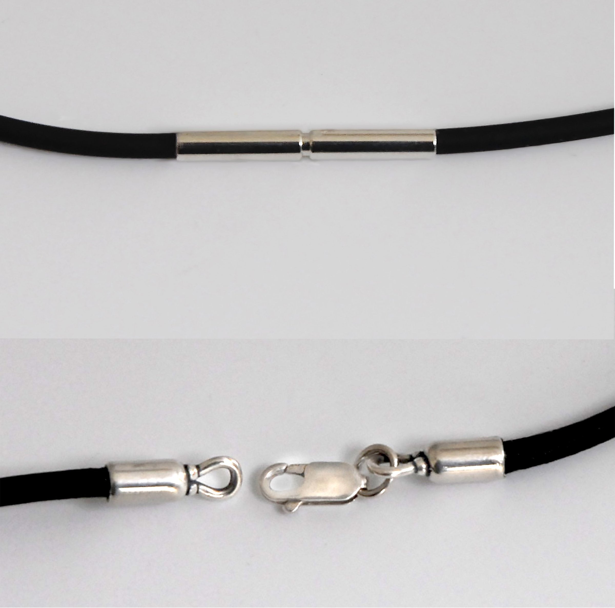 rubber cord with bayonet clasp (top) and leather cord with lobster clasp (bottom)