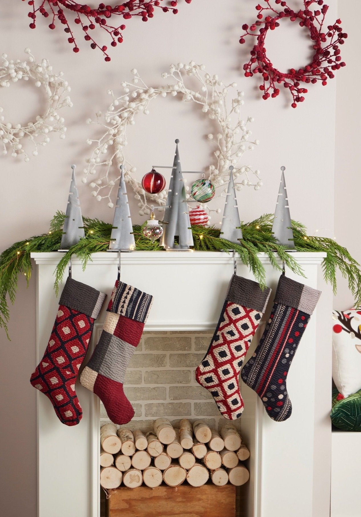left to right: red geo, patchwork, white geo, polka dot