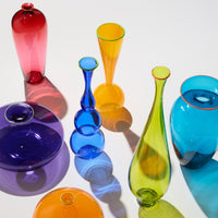 left to right: hyacinth, ruby, cobalt, saffron,  turquoise, lime,  orange