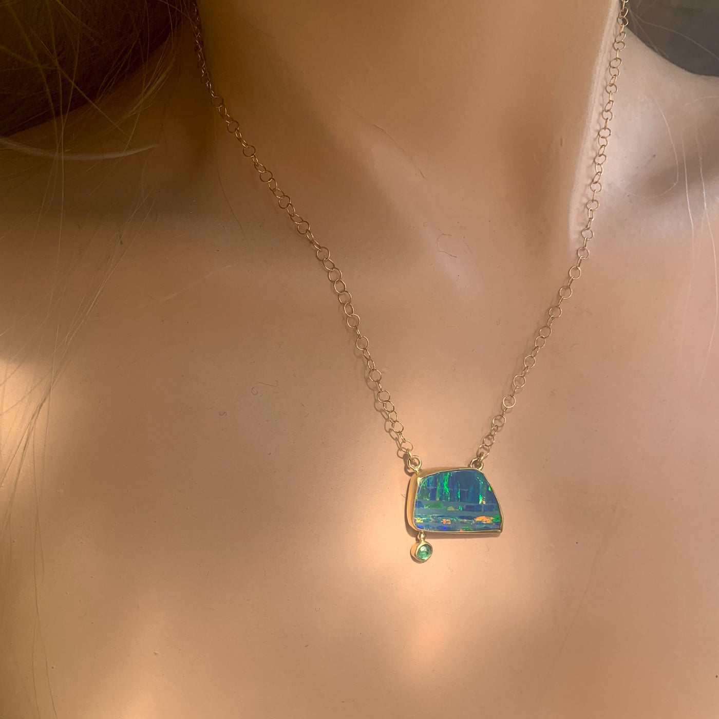 Boulder Opal and Emerald Gold Necklace