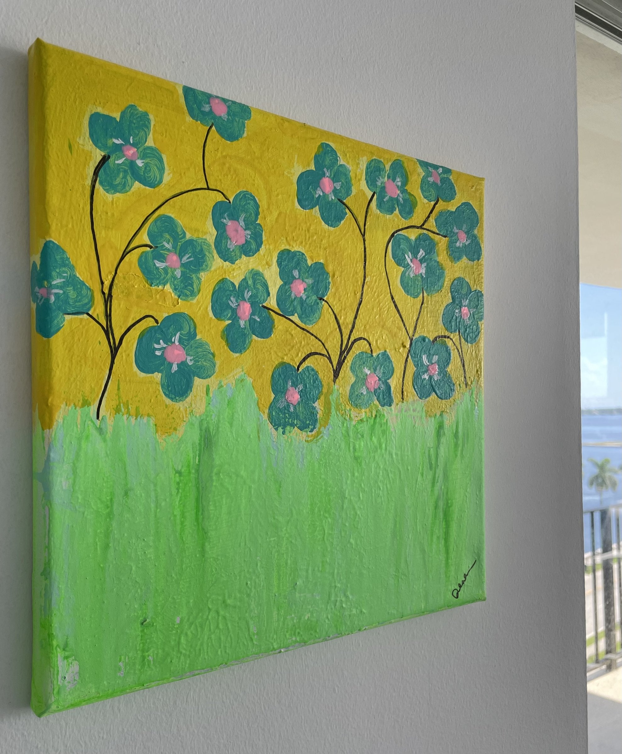 Hanging on a wall, view from left.