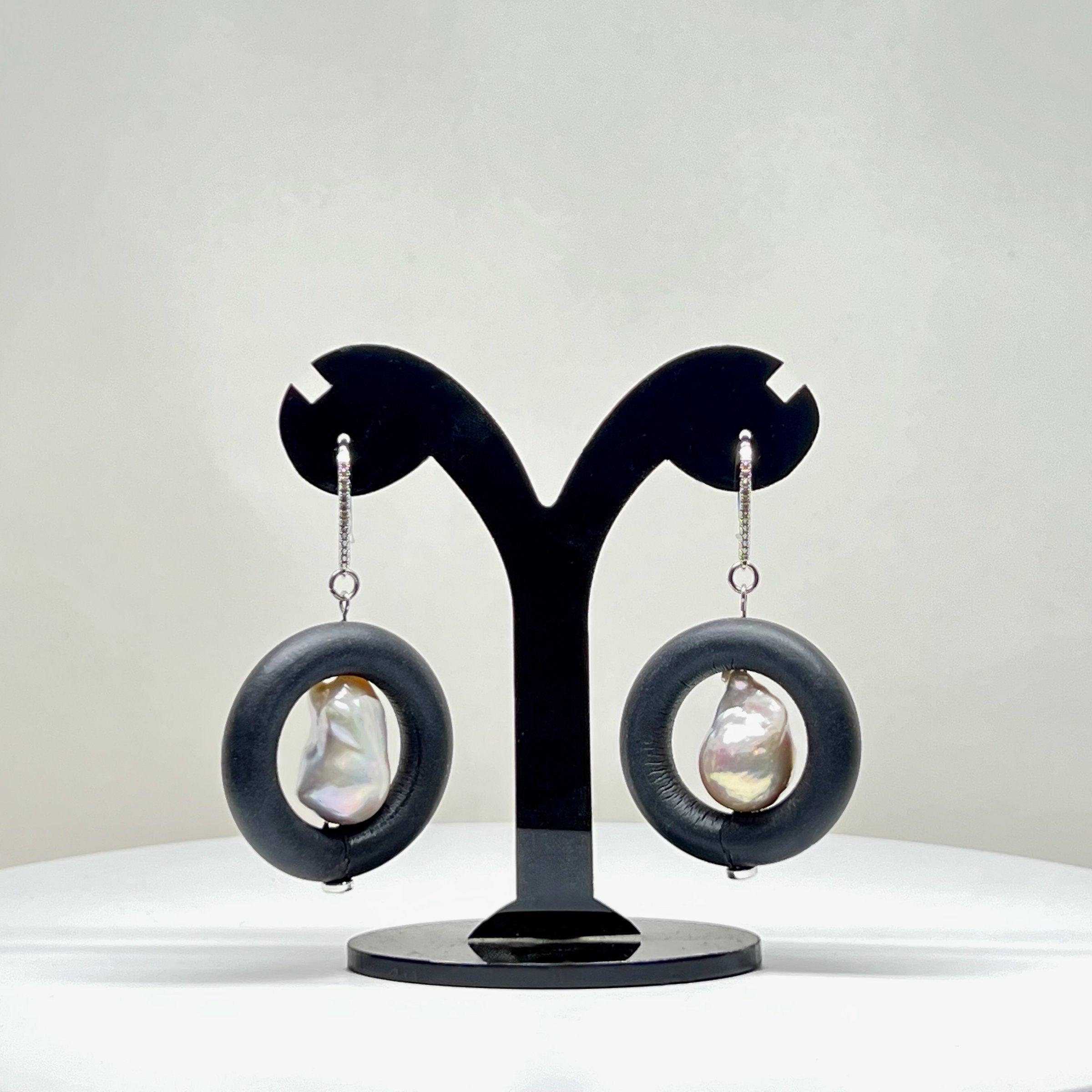 Black Rubber and Baroque Pearl Earrings