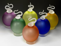 left to right, front to back: purple, yellow-green, yellow, green, cobalt blue, peach