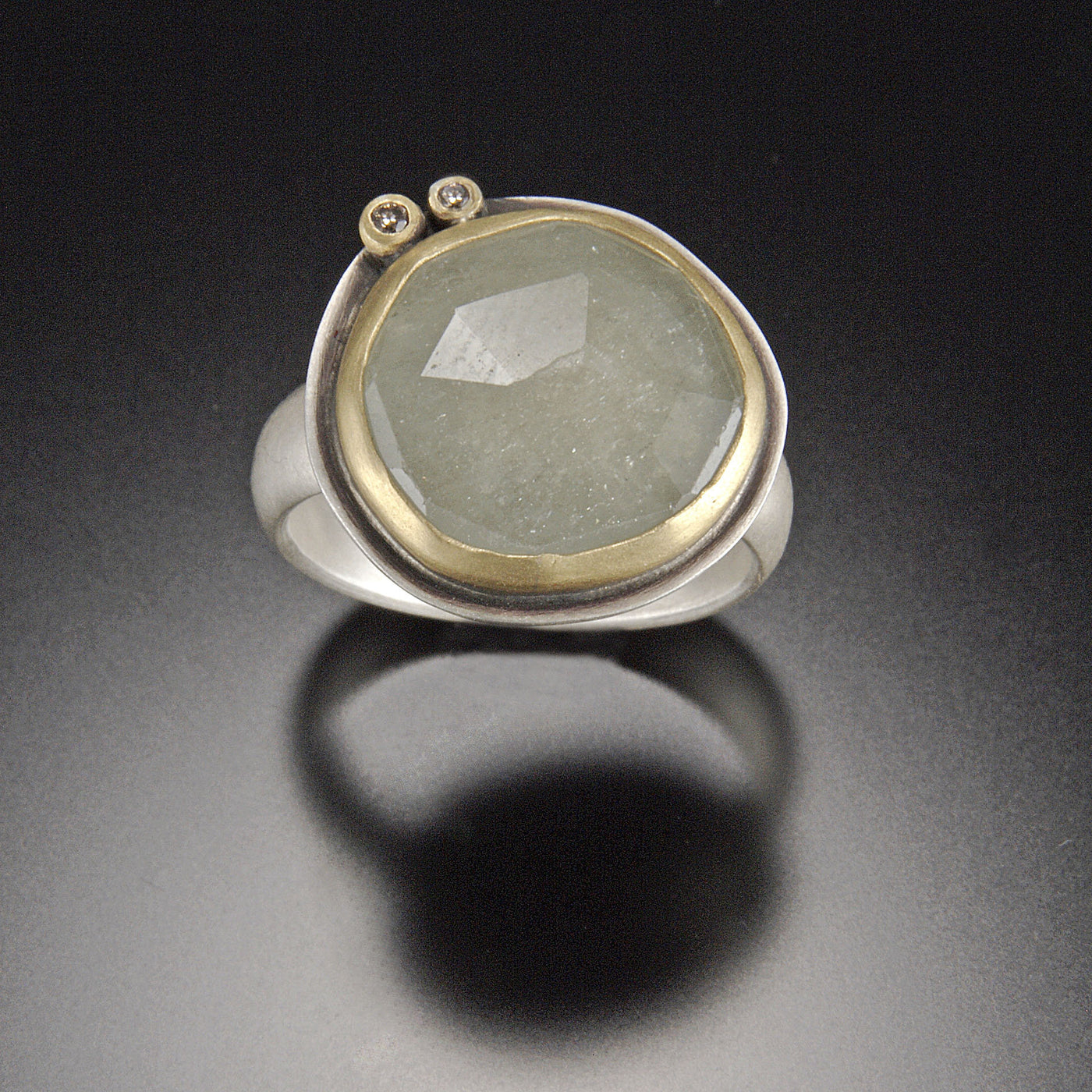 Rose Cut Pale Green Sapphire Ring with Two Diamond Dots
