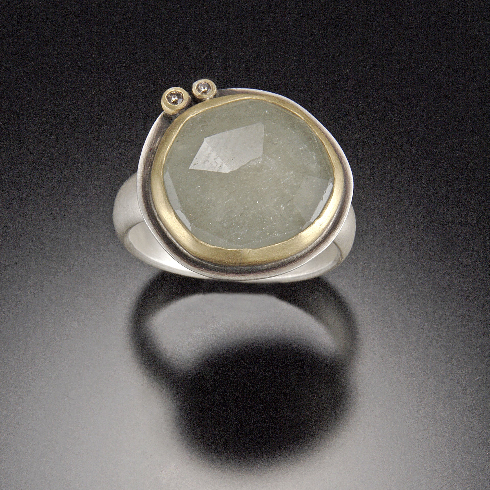 Rose Cut Pale Green Sapphire Ring with Two Diamond Dots