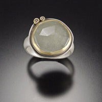 Rose Cut Pale Green Sapphire Ring with Two Diamond Dots