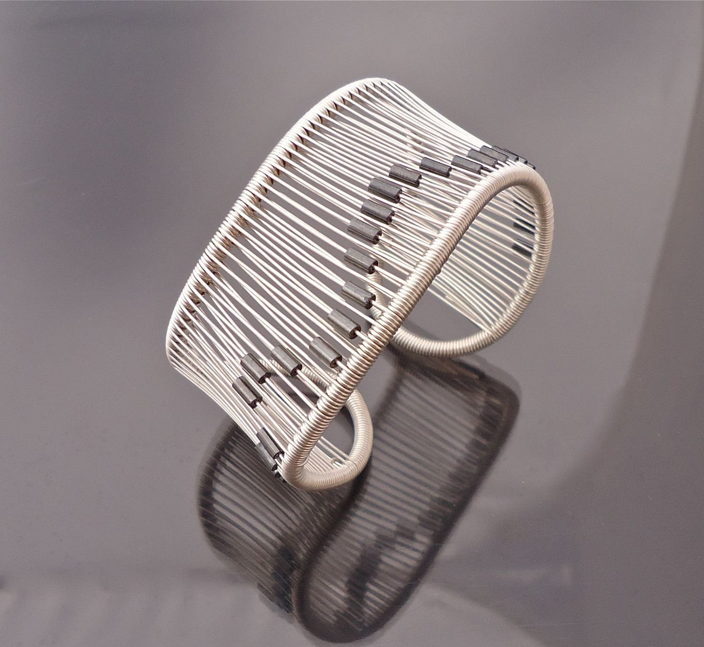 Silver Wave Cuff with Hematite Beads
