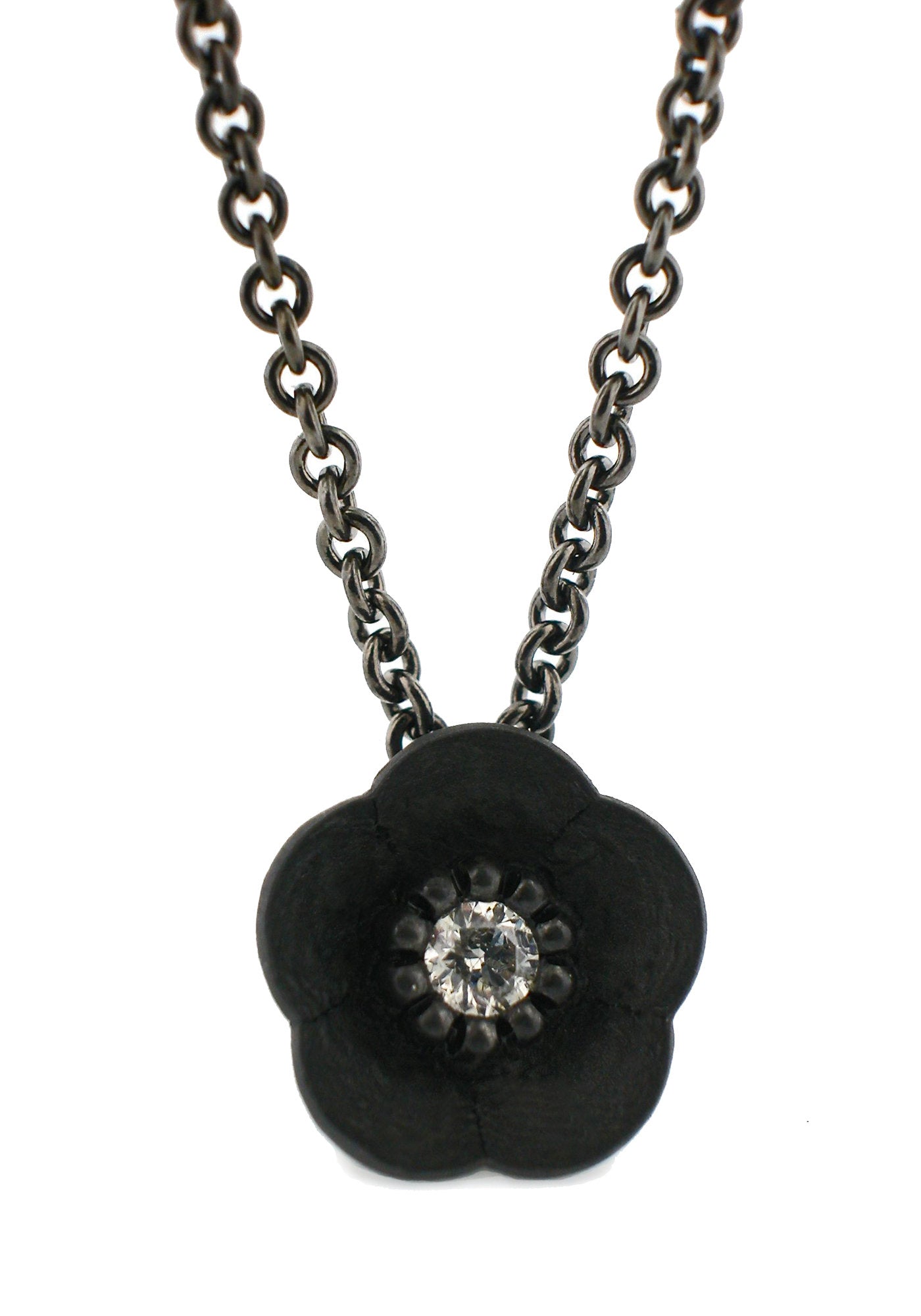 Cherry Blossom Pendant in Blackened Silver with Diamond