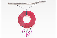 Red Glass Dream Catcher with Feathers by Nathalie Guez (Mixed-Media Wall Sculpture)