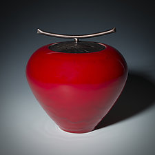 Small Red Vessel with Copper Lid by Carol Green (Ceramic Vessel)
