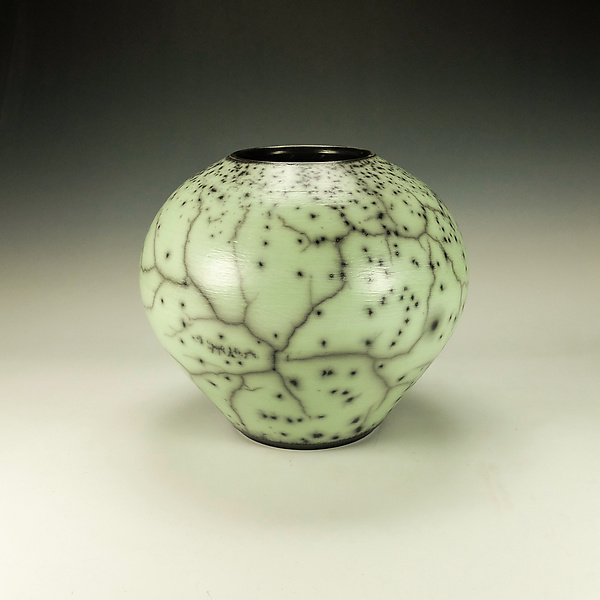 Round Green Raku Pottery by Lance Timco (Ceramic Vessel) | Artful Home